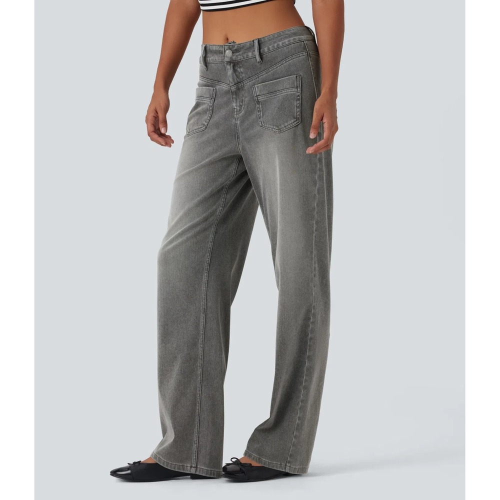 New Halara Flex Mid Rise Straight Leg Casual Jeans Pockets Gray Large Soft Denim - Picture 16 of 16